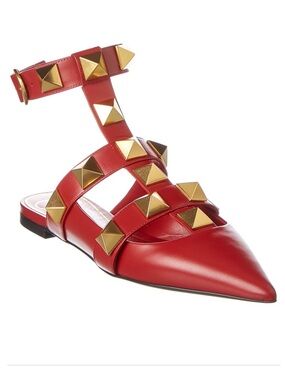Valentino Garavani Roman Stud Red Leather Ankle Strap Point Toe Flats size 39.5